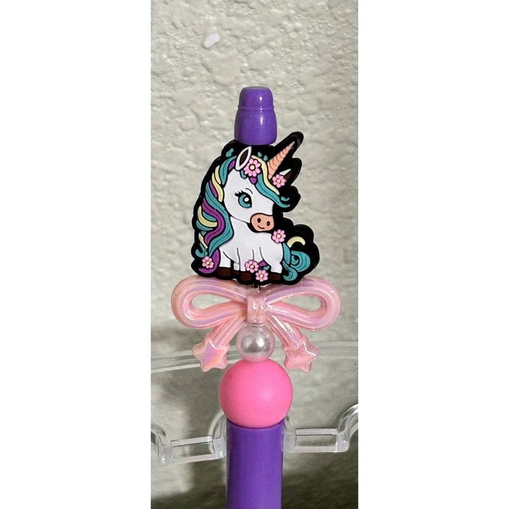 Custom Beaded Pen Unicorn Purple Pink Bow Unique Gift Handmade Girly Coquette